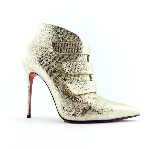 CHRISTIAN LOUBOUTIN Platinum Shimmer Foil Leather Strap Ankle Boots Heels 37 - Picture 1 of 10